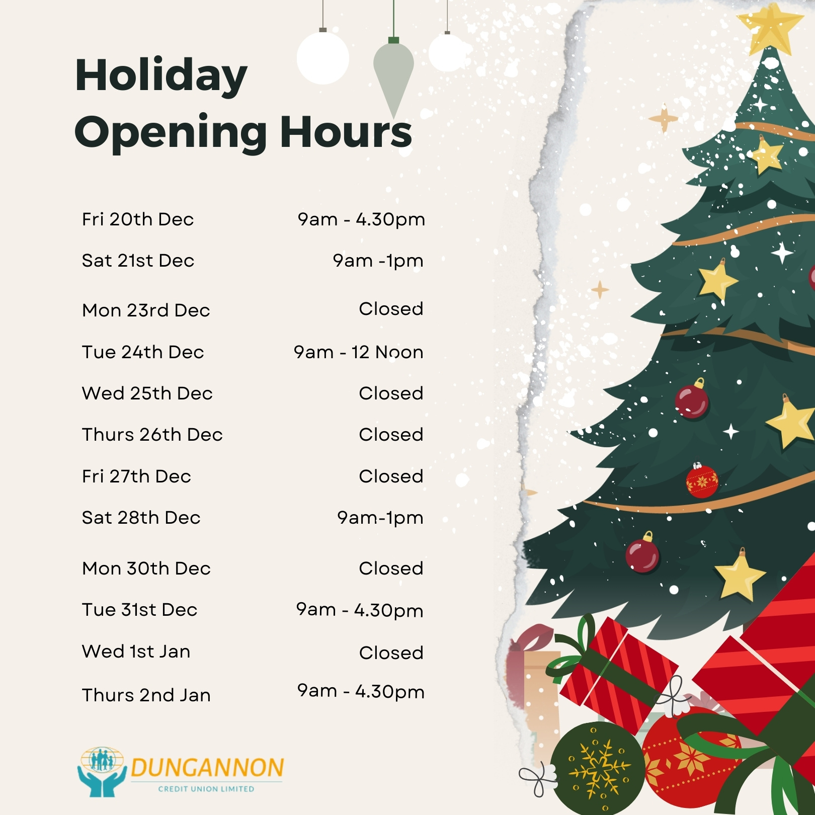 Members please note DCU Holiday opening Times